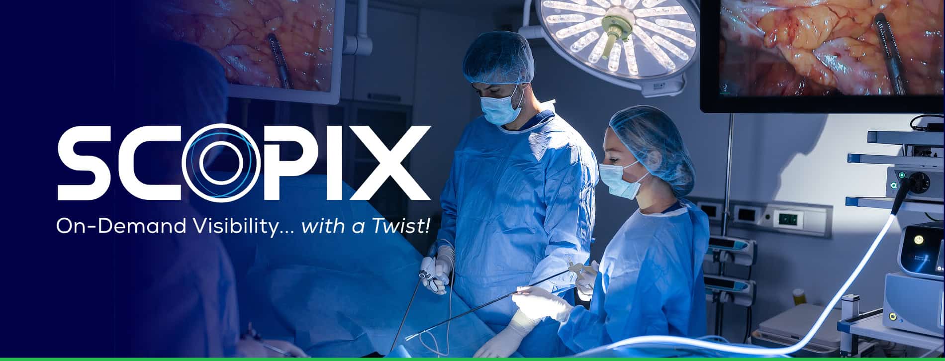 Surgeon and staff performing a procedure in an operating room.